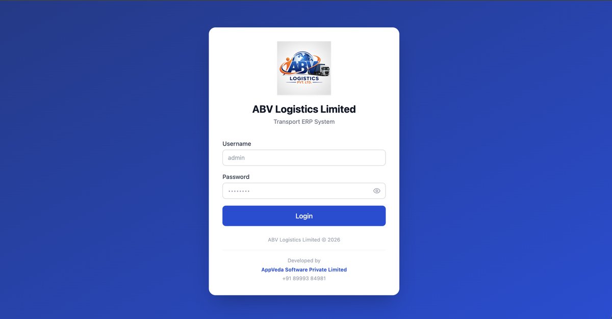 ABV Logistics Transport ERP Login Screen