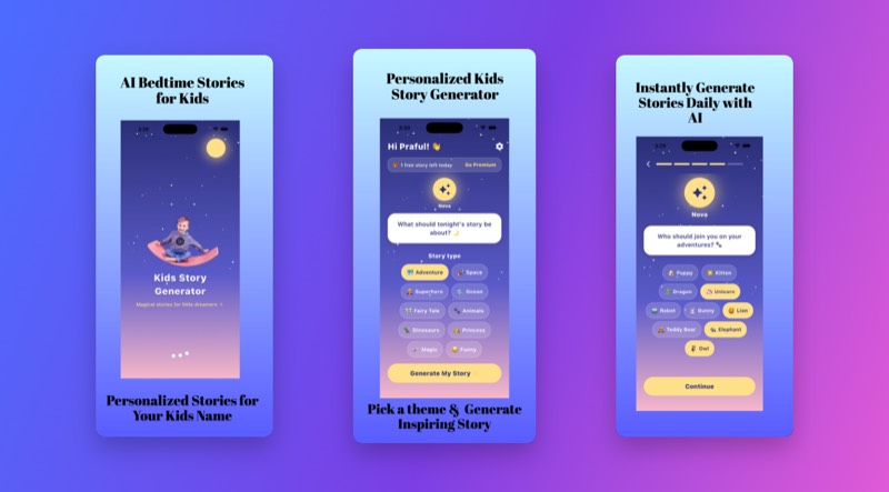 Kidzo AI story generator app screens